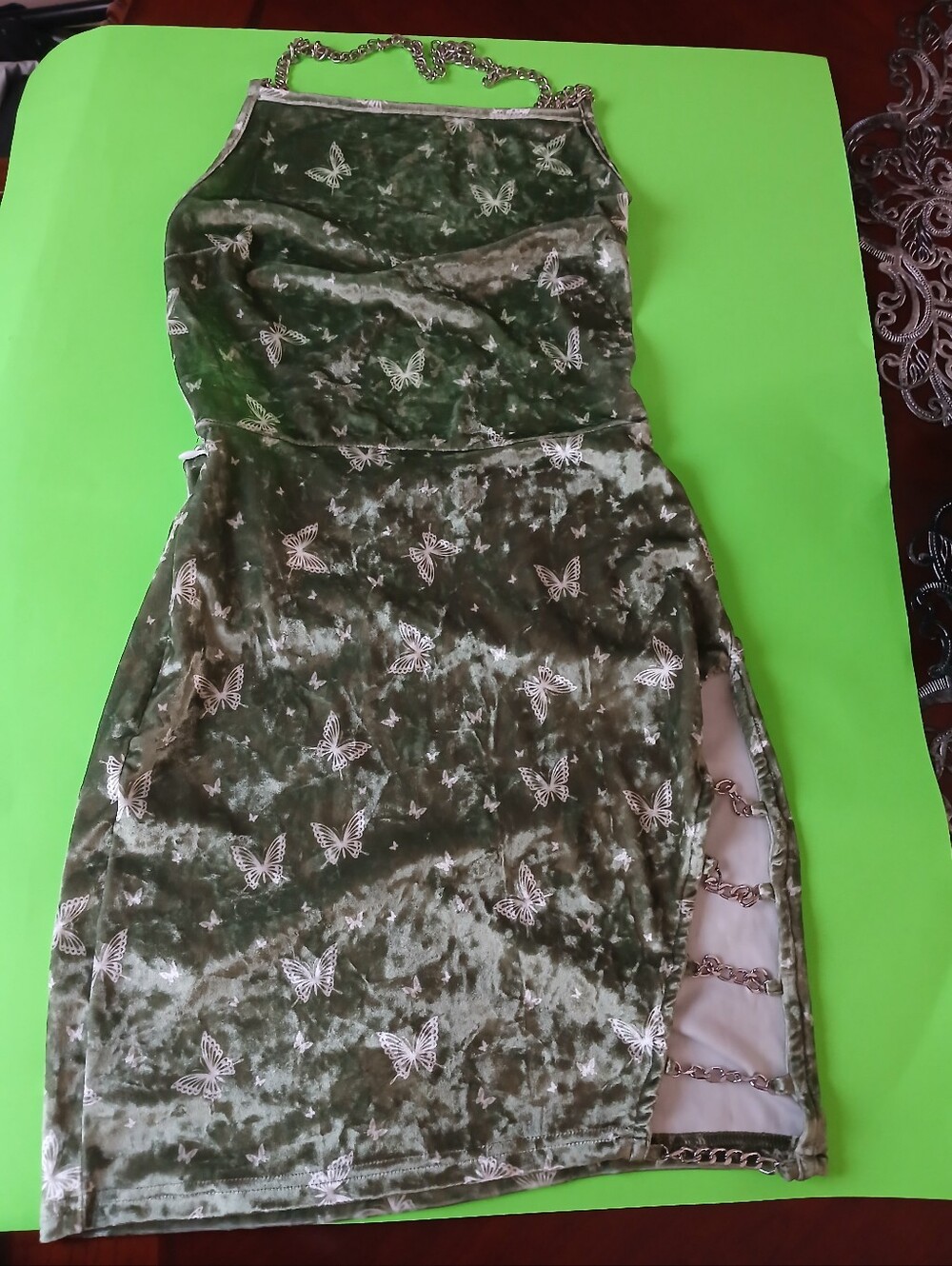 Olive Green Velvet Butterfly Slip Dress with Chain Detail